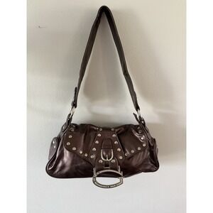 GUESS Women's Silver Hardware Hobo Shoulder Bag Y2K Metallic Brown Studded